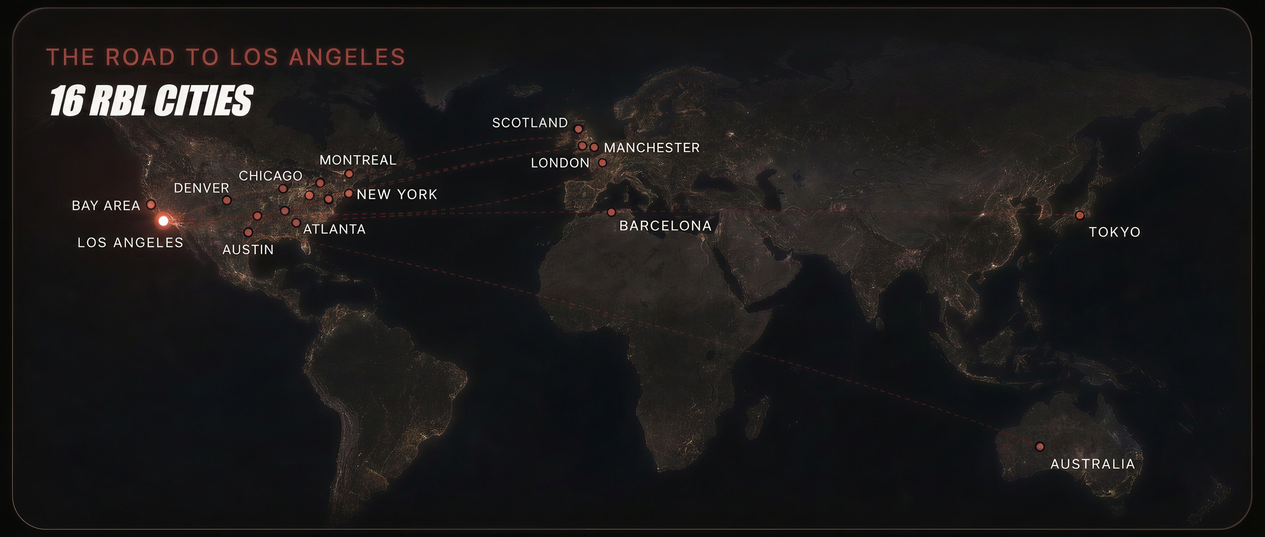 The Road to Los Angeles map showing 16 Roast Battle League cities around the world